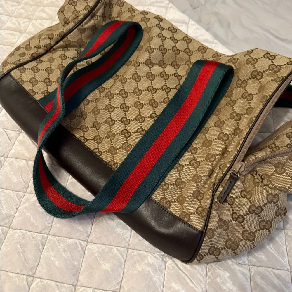 Gucci Monogram Beige Dog Carrier with Red and Green Straps